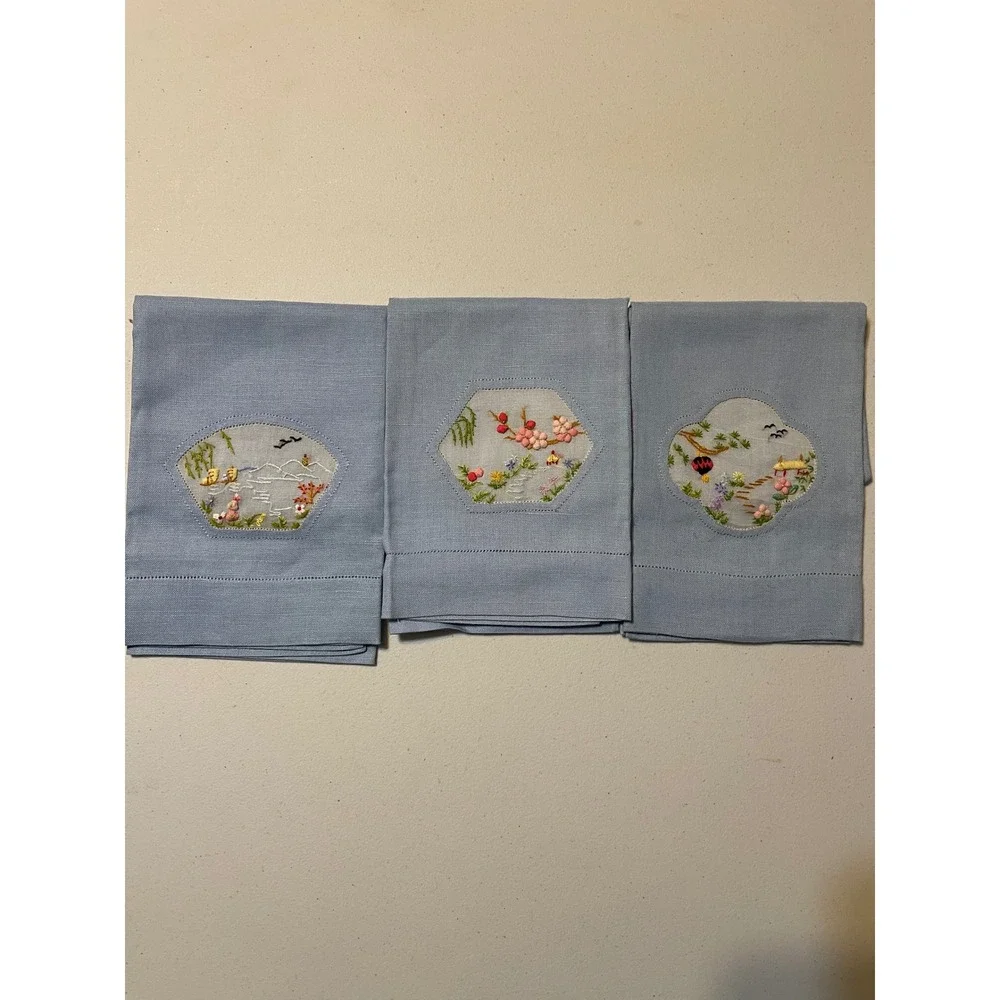 Guest‎ Towels Set of 3 Blue Excellent Hand Embroidered Chinoiserie Linen